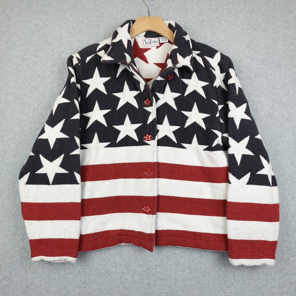 TanTrums USA Flag Jacket Womens Petite Small Cotton Woven Stars Stripes Vintage